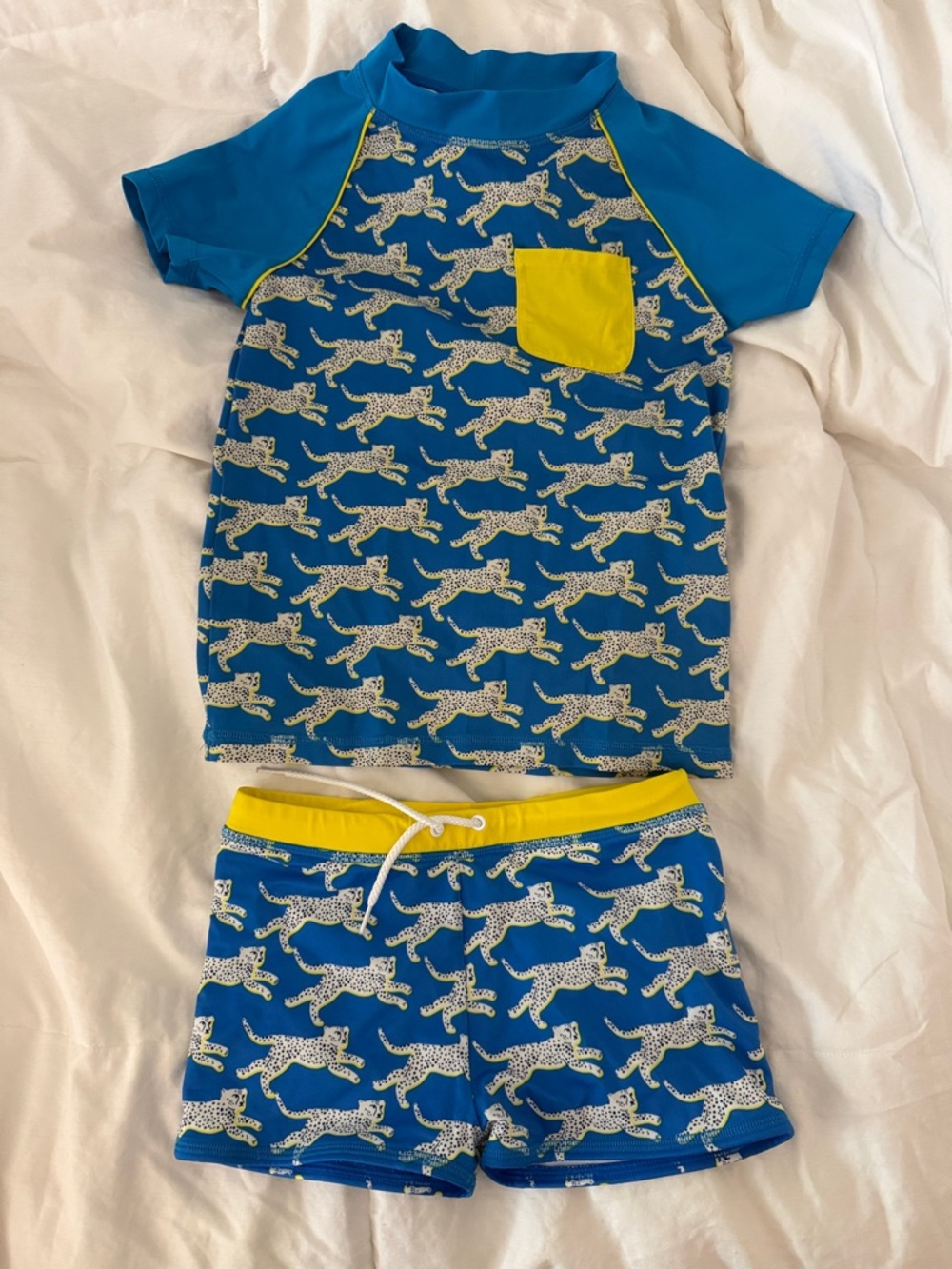 Mini Boden Blue Leopard-Print Rashguard Swim Set with Yellow Accents